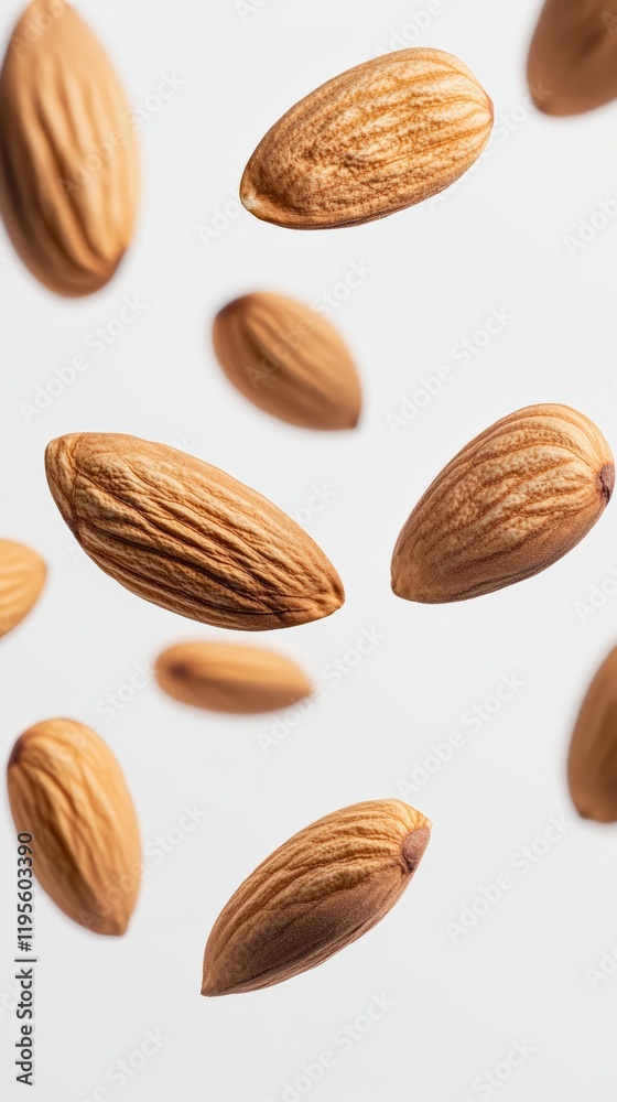 Aufkleber levitating shelled almonds create an intriguing visual against a clean white background, highlightin