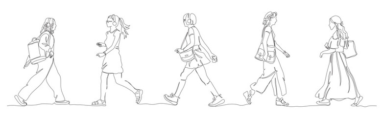 Walking women set. Wear dress, headset, glasses. Side view. Continuous line drawing. Black and white vector illustration in line art style.
