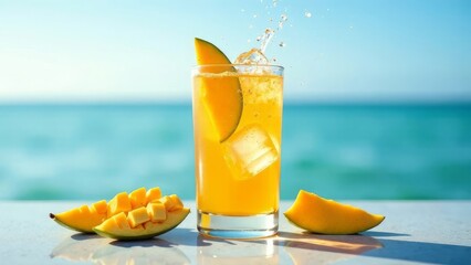 Obraz premium Refreshing summer drink in a glass with ice cubes, mango and passion fruit