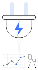 Power plug with lightning symbol, chart illustrating growth, and minimalist chair design. Ideal for energy solutions, business growth, sustainability, innovation, modern living, technology abstract
