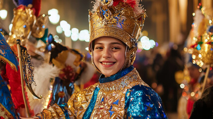 Young boy in colorful costume at Purim parade during sunset, showcasing elaborate headdress and joyful celebration. Concept of cultural festivities, community gatherings, traditional costumes. Purim