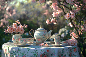 Spring garden tea party table with delicate porcelain tea sets, blooming flowers, and pastel colors.
