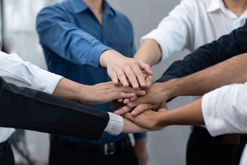 Fototapeta premium Group of diverse office worker join hand together in office room symbolize business synergy and strong productive teamwork in workplace. Cooperation and unity between business employee. Prudent