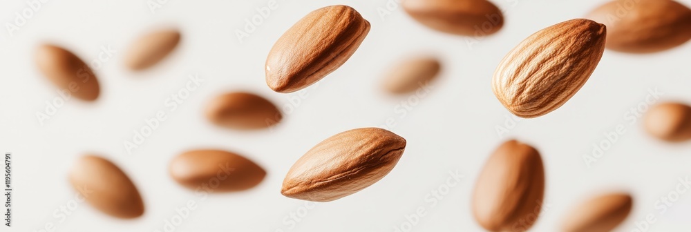 Aufkleber Many almonds levitating on a white background creating a dynamic and visually appealing pattern, ideal for food and health related projects