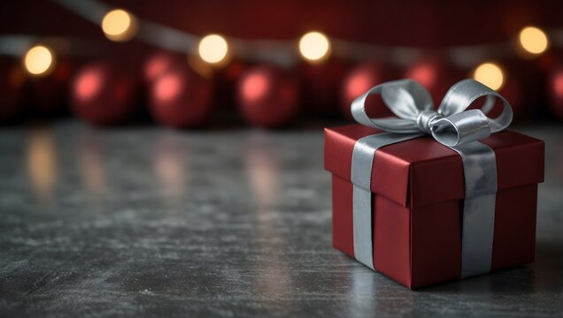This image shows a wrapped, red gift box with a silver bow, on a dark surface. Blurred, red ornaments and string lights are visible in the background. 