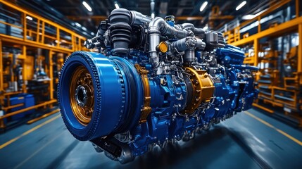 Powerful industrial engine in a factory setting.