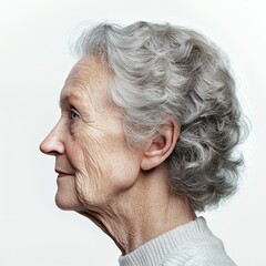 Side profile portrait of an elderly woman with curly gray hair, detailed wrinkles, and soft expression, wearing a light sweater on a white background