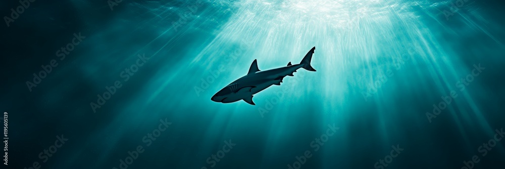 Poster sunbeams filtering through the ocean water illuminate a shark swimming in the deep blue, creating a 