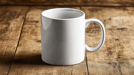 Empty white mug on wooden table, product mock-up
