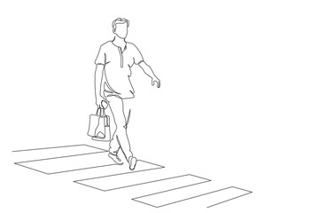 Man with bags crossing street with pedestrian zebra crosswalk. Continuous line drawing. Black and white vector illustration in line art style.