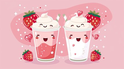 Cute, kawaii strawberry milkshake clipart 