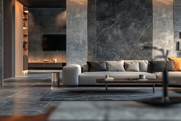 Modern living room interior design featuring gray sofa and marble wall
