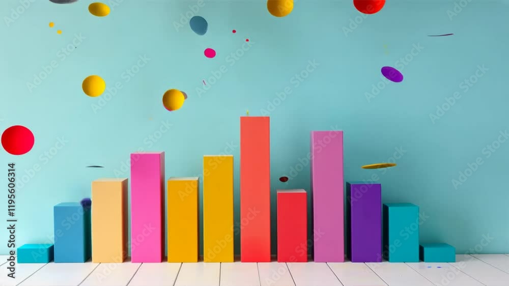 Poster colorful bar graph design bright blue background with abstract shapes for educational statistics pre