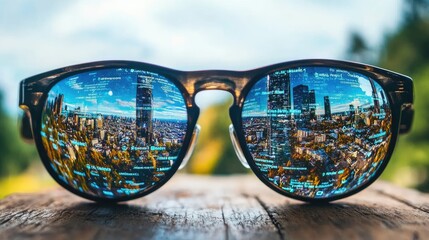 City Skyline Reflected in Sunglasses with Digital Data Overlay