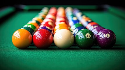 Racked billiard balls on a pool table.