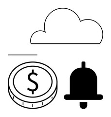 Outlined cloud, dollar coin, and notification bell emphasizing financial growth, savings, and alerts. Ideal for cloud technology, finance, budgeting, security notifications digital tools abstract