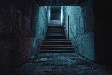Obraz premium Dark concrete stairway leading to light in abandoned building
