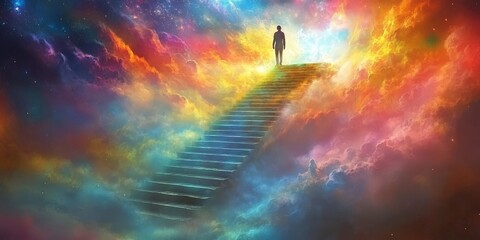 Fototapeta premium A surreal and vibrant illustration of a woman climbing a cosmic staircase, symbolizing enlightenment and a spiritual journey. Ideal for artistic posters, meditation content, and inspirational designs.