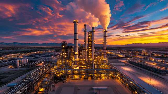 Industrial power plant at sunset with vibrant sky and smoke billowing
