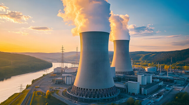 Industrial power plant at sunset with vibrant sky and smoke billowing
