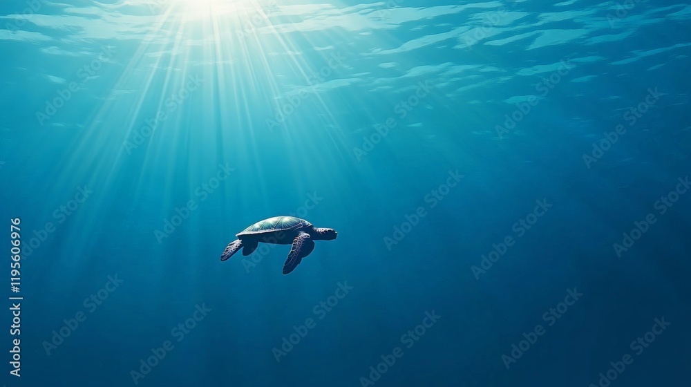 Poster sunbeams filtering through the rippling water surface illuminate a sea turtle gracefully swimming in
