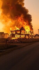 Dramatic House Fire at Sunset: Burning Structure with Intense Flames and Smoke in Suburban Setting