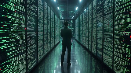 Person stands in a server room with glowing green code