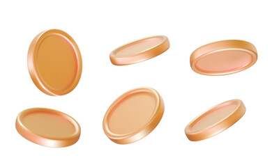 Vector illustration of set of golden shine coin with different angle. 3d realistic style design of blank brass coin different view, game money symbol for payment and investment, gambling and casino