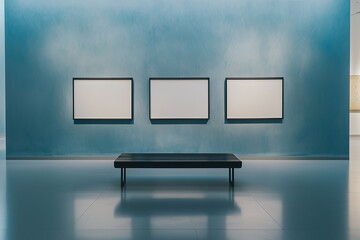 Modern gallery with blue walls, white frames, and a black bench below.