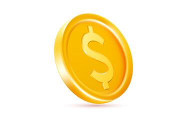 Vector illustration of golden shine coin with dollar sign isolated on white background. 3d realistic style design of golden dollar coin, money symbol for payment and investment, gambling and casino