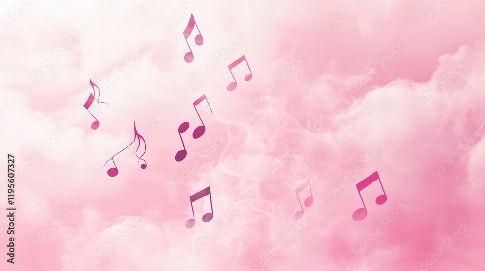 Poster musical notes are floating on a pink cloudy background, representing the concepts of singing, record