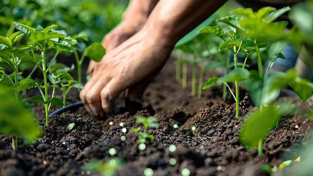 A gardener planting seedlings in rich, dark soil with care.