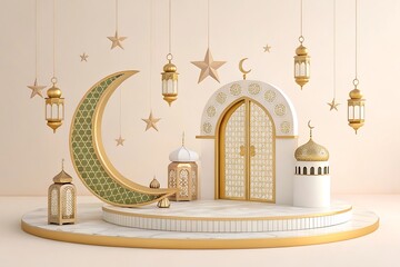 Islamic architecture, ornate arched doorway, golden crescent moon, hanging lanterns,