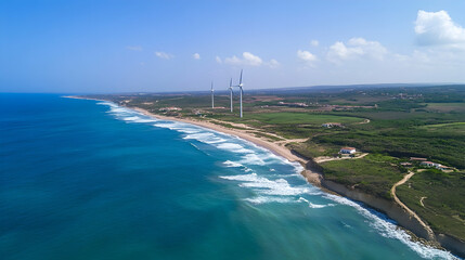 Naklejka premium Aerial view of oceanic wind turbines under a sunlit sky with gentle waves, highlighting sustainable energy.