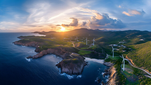 Aerial view of oceanic wind turbines under a sunlit sky with gentle waves, highlighting sustainable energy.