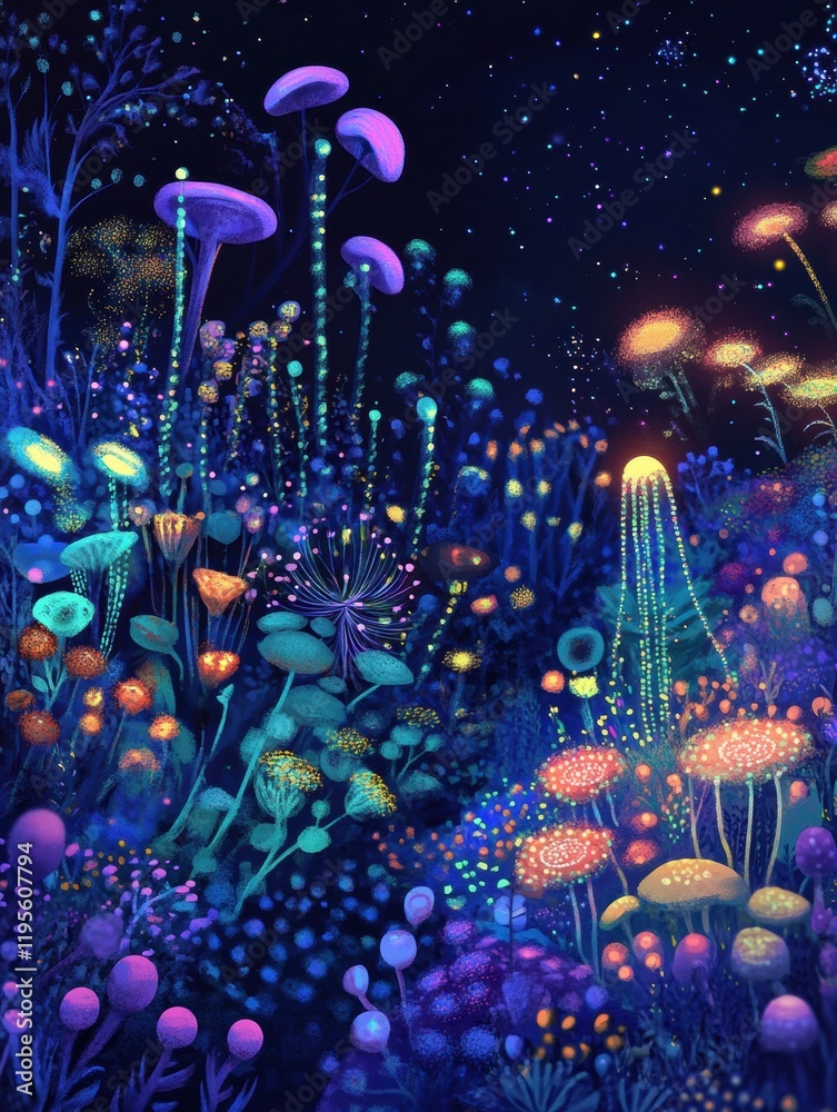 Poster explore a vibrant magical microscopic ecosystem filled with friendly microbes and luminous flora und