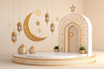 Islamic architecture, ornate arched doorway, golden crescent moon, hanging lanterns,