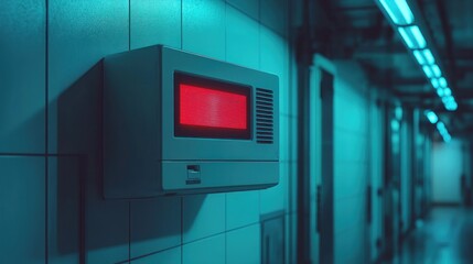Red alert screen on wall in hallway.