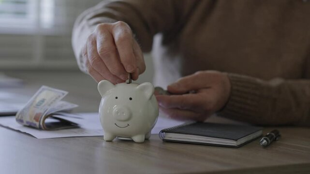 Saving money for future investment. Old man's hand is putting coins into a piggy bank. Investment concept. Money. Pension. Retirement savings and pension fund.