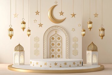 Islamic architecture, ornate arched doorway, golden crescent moon, hanging lanterns,
