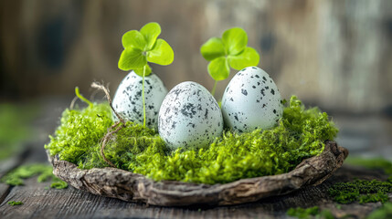 Speckled Eggs and Clover in Mossy Nest - Nature and Luck Symbolism in Photography