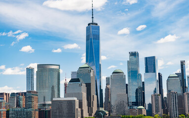 Obraz premium View of Manhattan from hudson river, New York City. USA, NYC NY , Manhattan. Lower Manhattan skyline. New York, United States. New York city skyline in Midtown Manhattan.