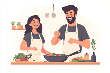 Cheerful man and woman wearing aprons are preparing healthy meal together in a wok and laughing, illustration