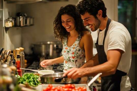 Young couple smiling and laughing while preparing a healthy meal together in a cozy kitchen, enjoying their time and love for cooking