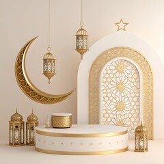 Islamic architecture, ornate arched doorway, golden crescent moon, hanging lanterns,