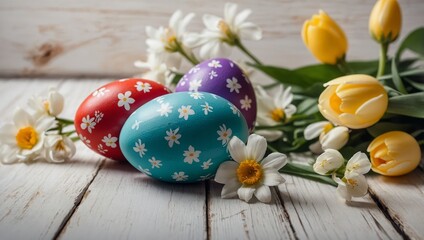 Fototapeta premium Easter Eggs with Flowers on White Wooden Background