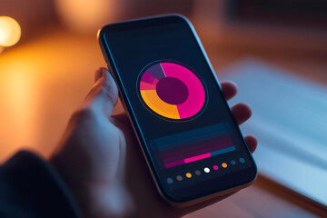 Hand holding smartphone displaying colorful pie chart and progress bars, suggesting data analysis and financial tracking in a dimly lit setting
