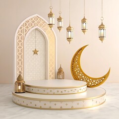 Islamic architecture, ornate arched doorway, golden crescent moon, hanging lanterns,