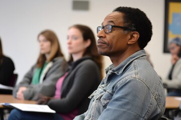 Attendees engaged in listening to a speaker during a business conference held in a classroom setting, fostering professional development