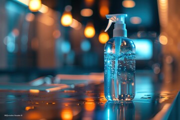 Hand sanitizer sits on a counter, catching light in a stylish environment that emphasizes simplicity and cleanliness